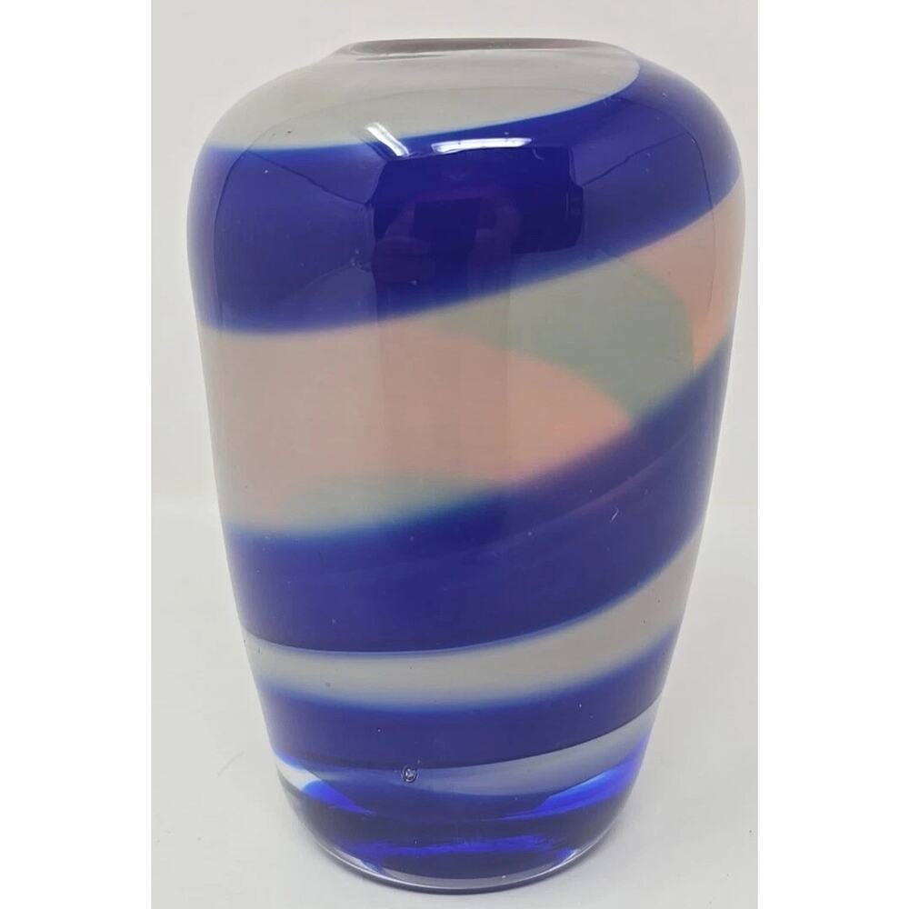 Vintage Modernist Art Glass Blue Strip Vase‎ U279